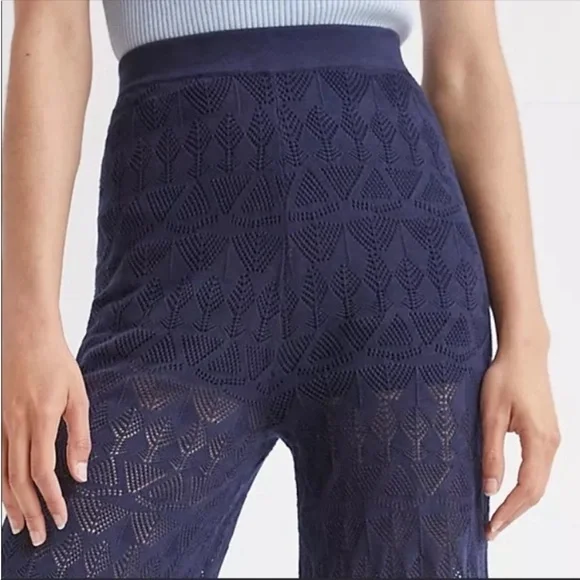 Anthropologie Navy Flat White Pointelle Wide Leg Pants Knit Size Medium NWT - Picture 3 of 9